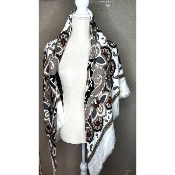 Scarf Wrap Shawl D&Y Creme with Floral Designs 77" Winter Time Dress Gift - Picture 2 of 6
